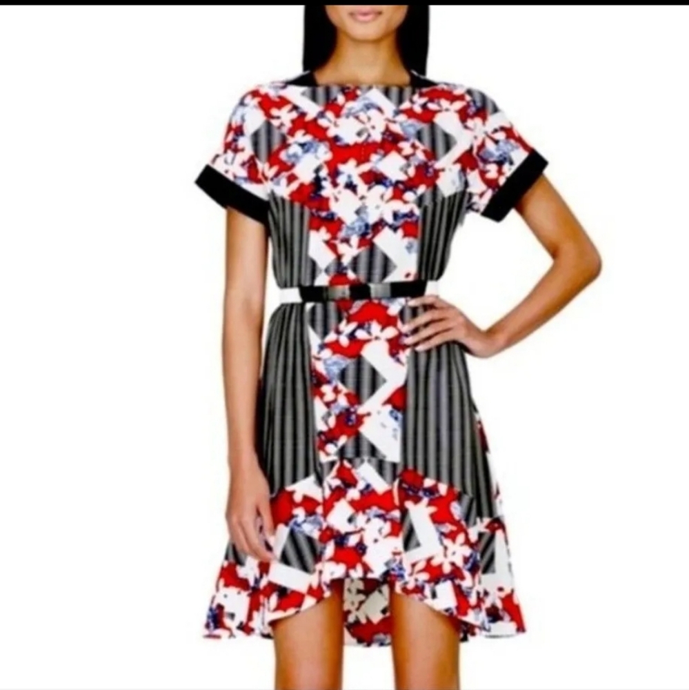 Peter Pilotto Target Dress Mixed Print Floral Red Black White 8 Medium High Low